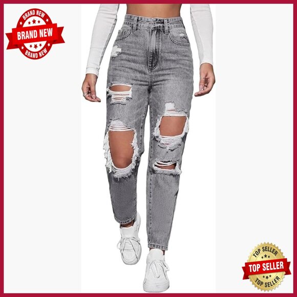 High Waist Straight Leg Ripped Jeans Distressed Denim Pants